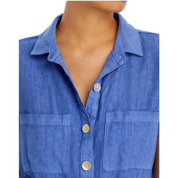 BELLA DAHL WOMENS MEDIUM 100% LINEN ROLLED HEM UTILITY SHORT ROMPER BLUE NEW - Picture 3 of 15